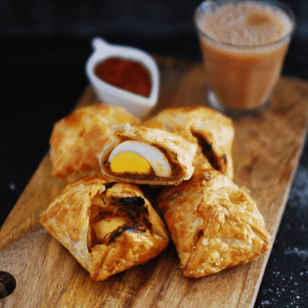 Golden-brown Indian egg puffs with one cut open, revealing a hard-boiled egg, served with sauce and chai.