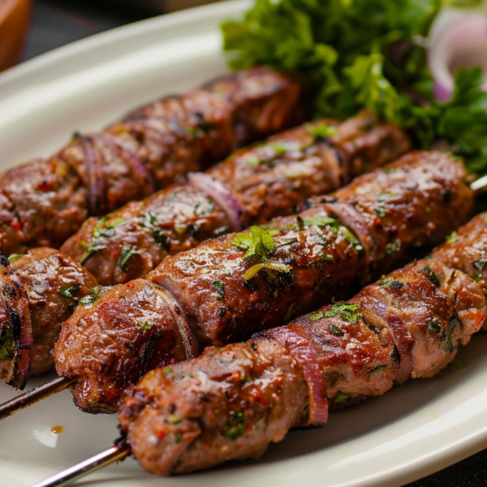Four Indian seekh kebabs on skewers, garnished with herbs and red onion, on a white plate.
