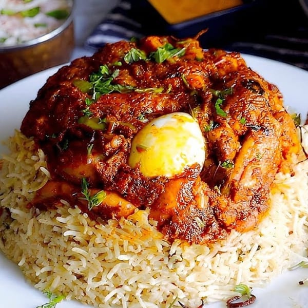 Biryani & Bites' chicken biryani with a boiled egg, garnished with fresh herbs.